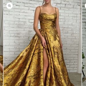 Teuta Matoshi Autumn Leaves Gold Textured Gown